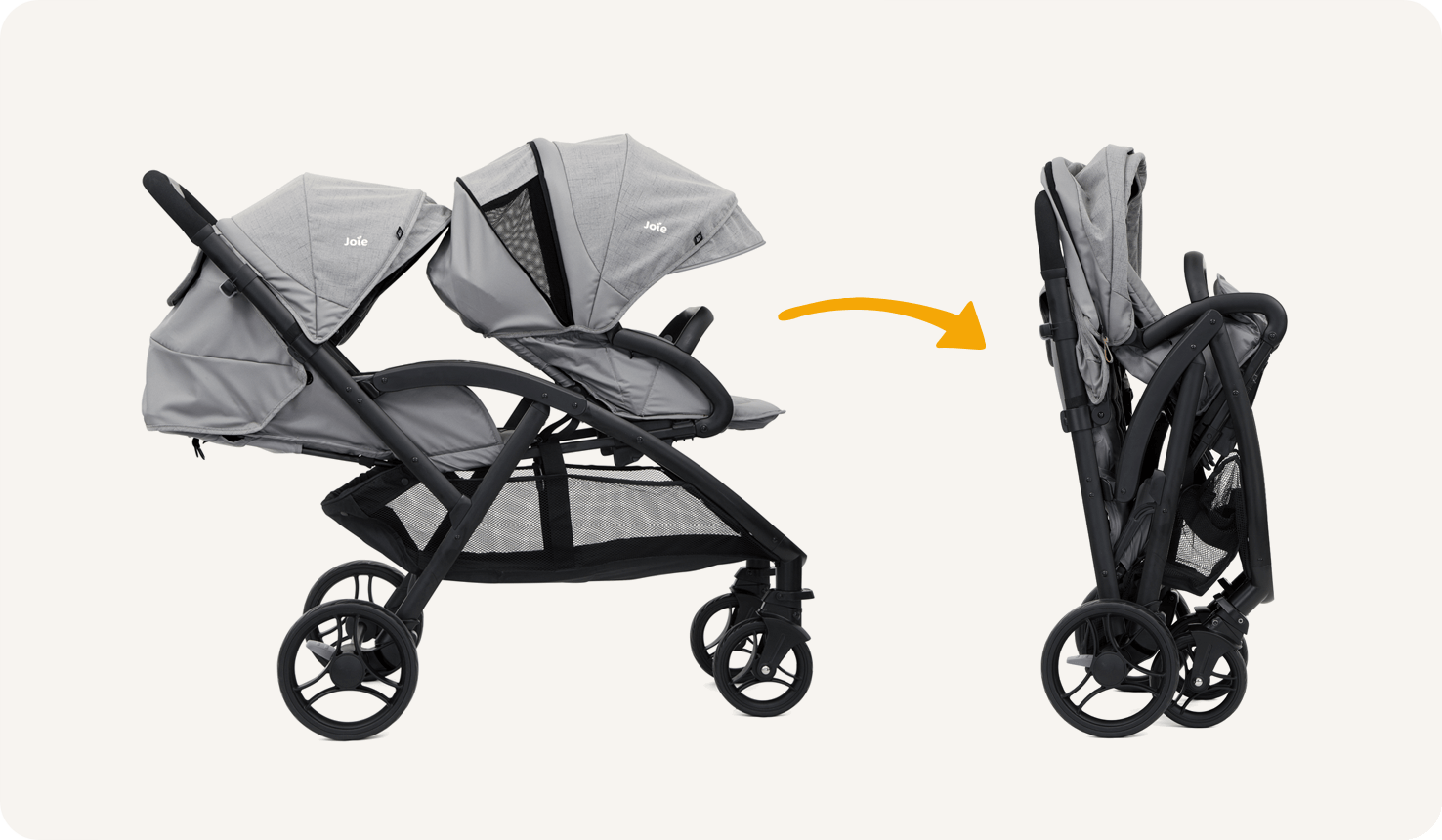 Joie evalite duo double buggy in gray in profile and folded.