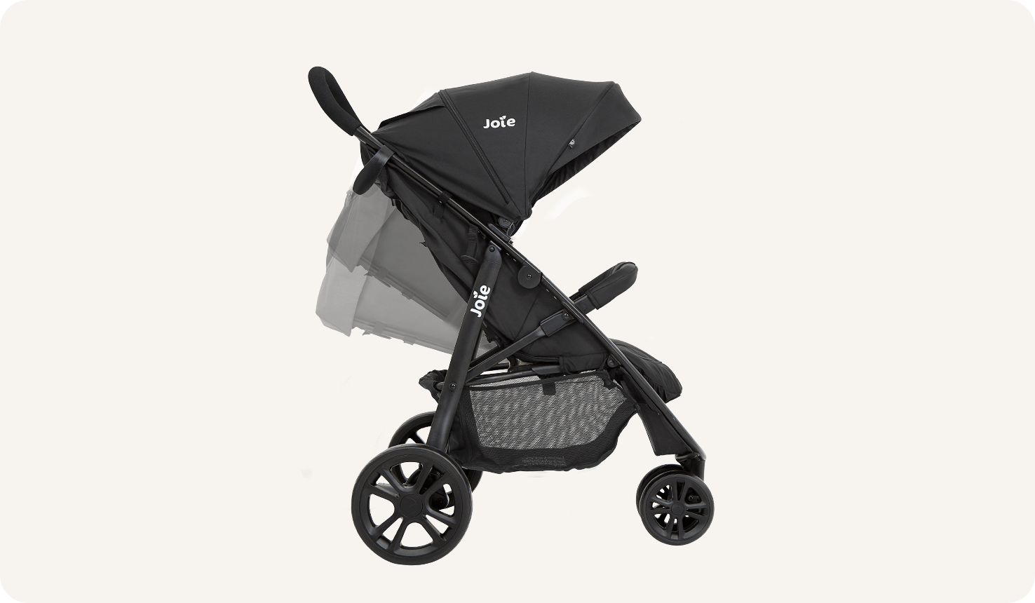   Joie litetrax 3 stroller in black facing right fully reclined.