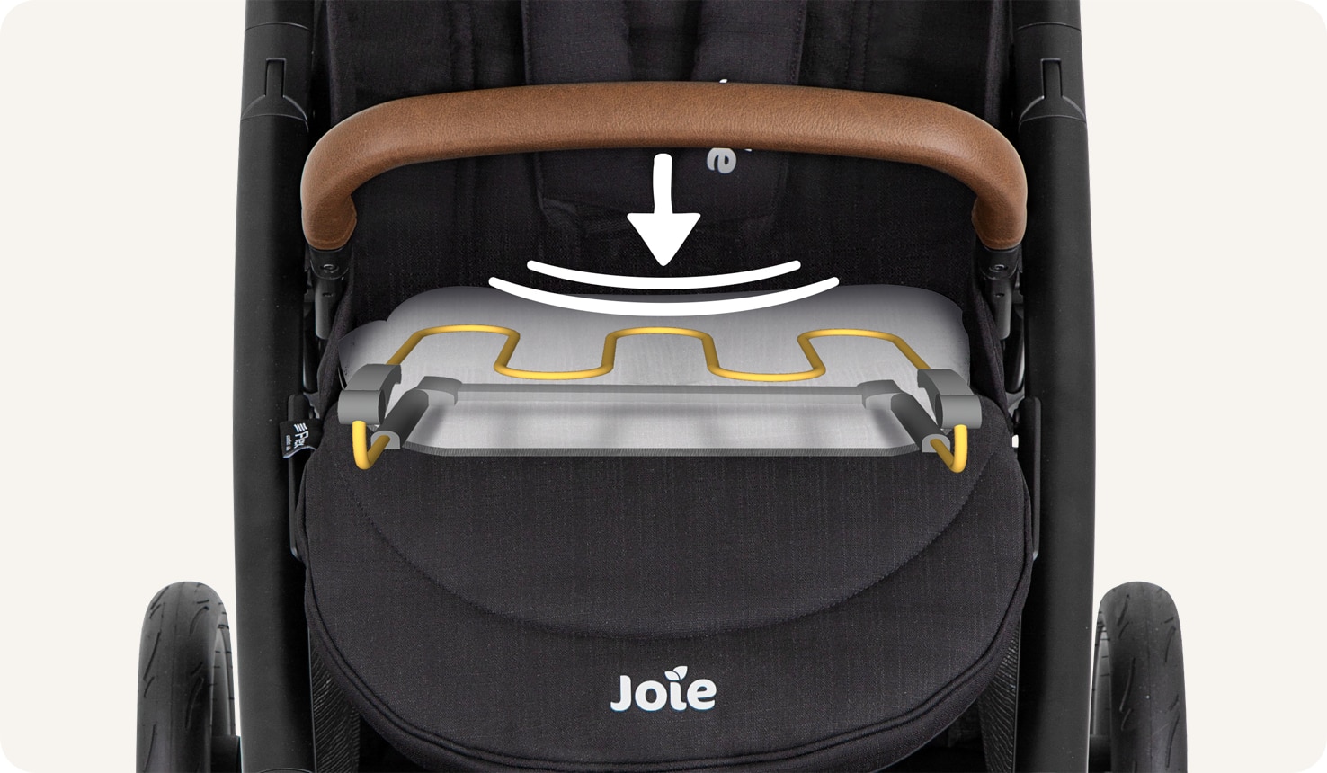   Joie mytrax pro stoller in black with animation of flex spring on seat.  