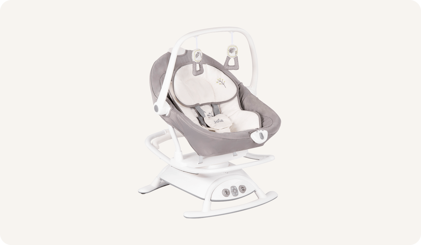  Light gray Joie sansa 2in1 swing at a right angle with toy bar displayed. 
