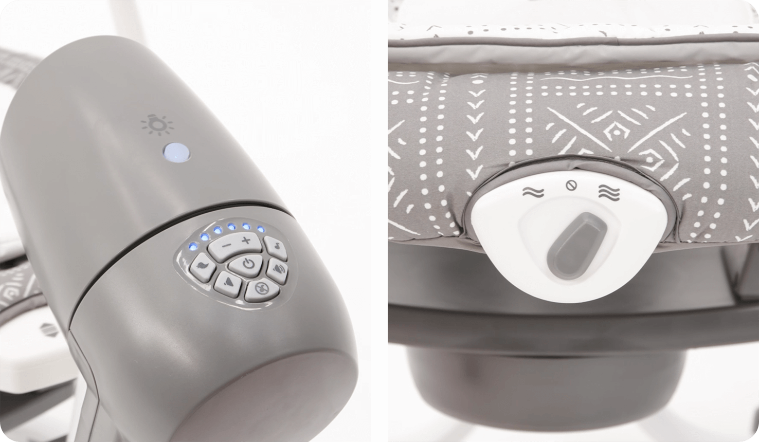 Zoomed in on music and vibration control buttons for Joie serina 2in1 swing.