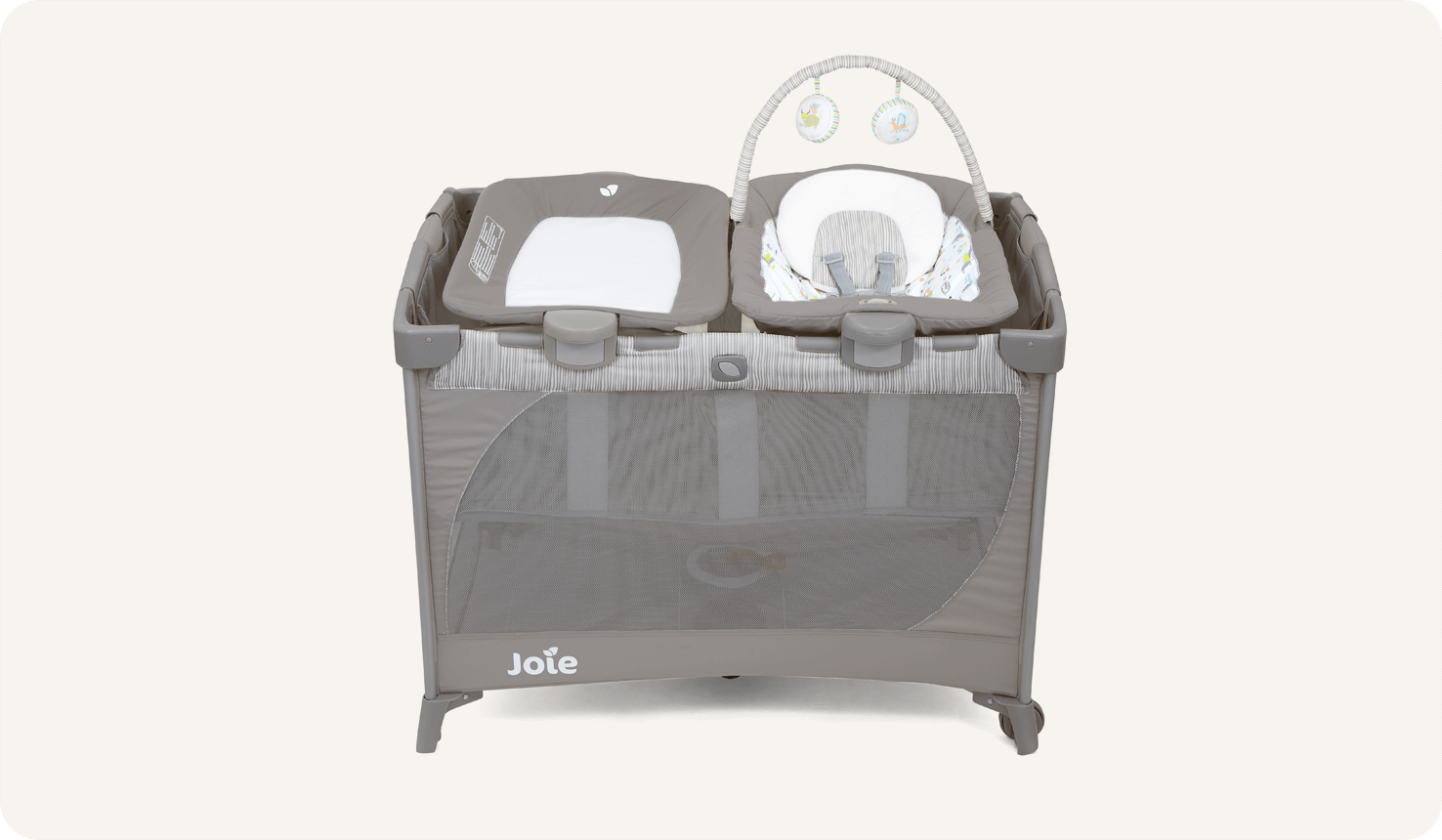 Joie travel cot commuter change & bouncer in grey with bassinet, changer, and bouncer seat at a high side profile.