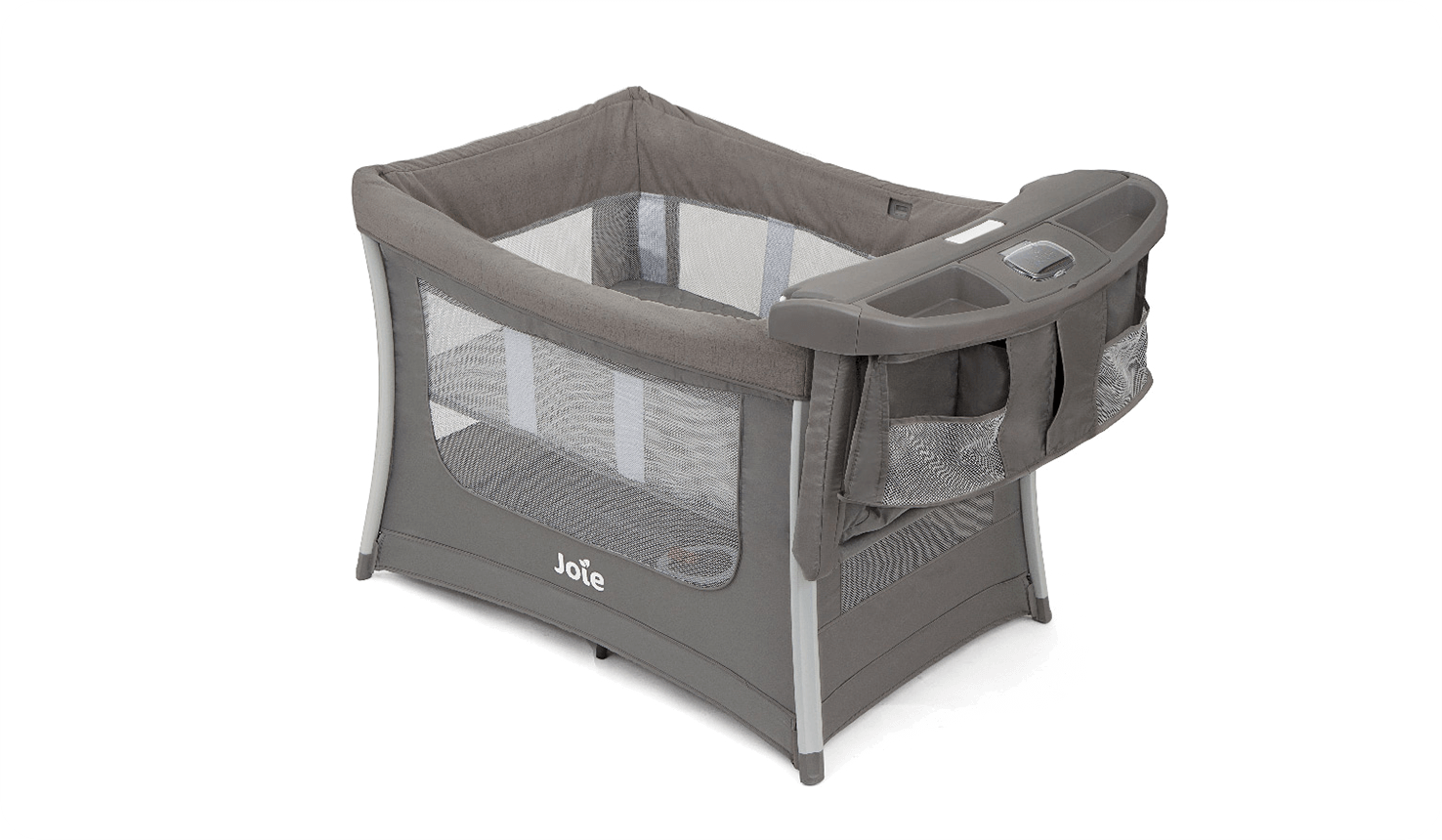 The Joie travel cot illusion with bassinet insert and changing table storage on top in dark gray from a left angle.