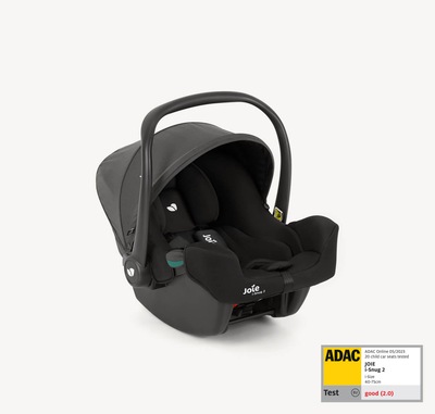 Joie I-snug 2 infant car seat in a two-tone black colour with canopy and handle up on a right angle position, with the ADAC test label in the lower right corner.