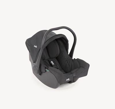   Joie i-juva baby car seat in gray from a right angle with canopy raised.