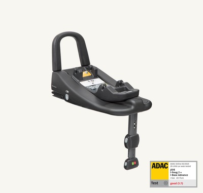   Joie I-Base Advance car seat base at an angle facing to the right, with the ADAC test label in the lower right corner.