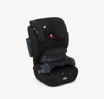  Joie traver shield booster car seat in black positioned at a right angle.