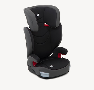 Joie trillo booster car seat in black and gray color positioned at a right angle with the headrest extended.