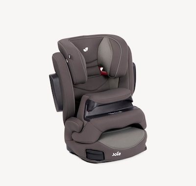   Joie trillo shield belted booster seat in medium brown positioned at a right angle.