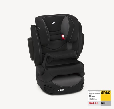 Joie trillo shield belted booster seat in black positioned at a right angle, with the ADAC test label in the lower right corner.