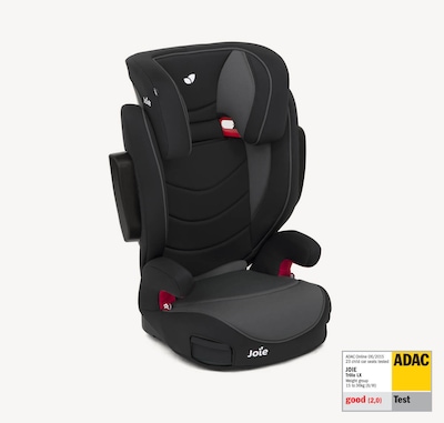 Joie trillo lx belted booster seat in black positioned at a right angle, with the ADAC test label in the lower right corner.