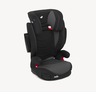 Joie trillo lx belted booster seat in black positioned at a right angle.