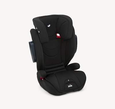 Joie traver booster seat in a black colour  on a right angle position.