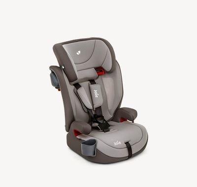 Joie Elevate booster car seat with 5-point harness in a two tone gray colour, at an angle facing to the right.