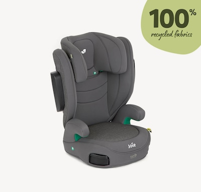  Gray I-Trillo high back booster seat facing to the right at a 45 degree angle with the headrest in the lowest position.