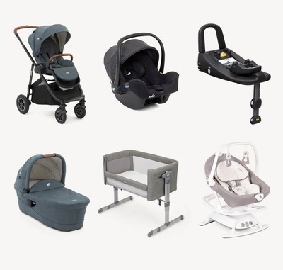 Collage showing all 6 products in the Joie Newborn Essentials bundle. Top row left to right: Versatrax pram, I-Snug 2 infant car seat, I-Base Advance car seat base. Bottom row left to right: Ramble XL carry cot, Roomie Glide bedside crib, Sansa 2in1 glide