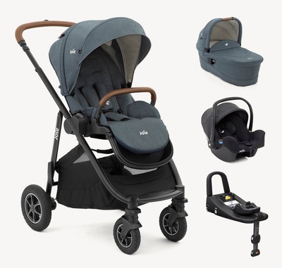  Collage showing all products in the Joie Versatrax on the go bundle: The Versatrax pram in blue, Ramble XL carry cot in blue, I-Snug 2 infant car seat in black and I-Base Advance ISOFIX base.