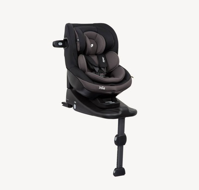 Joie I-Venture R toddler car seat in a two tone black color, attached to the I-Base Advance ISOFIX base, facing toward the right at an angle with the infant insert in.