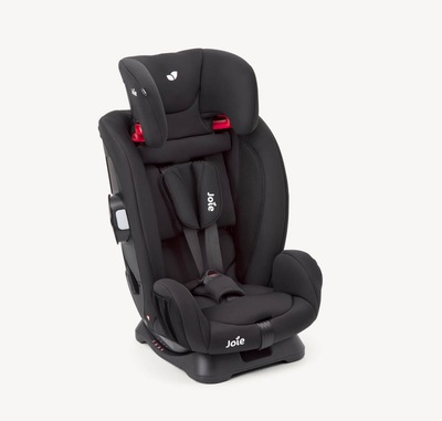 Joie fortifi child car seat in black facing at a right angle with the headrest partially raised.