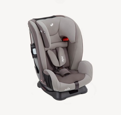 Joie fortifi child car seat in two-tone gray facing at a right angle with the headrest fully lowered.