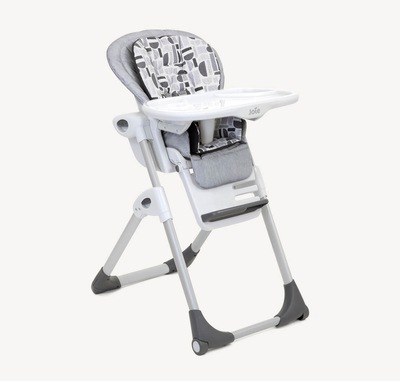 A Joie Mimzy 2in1 highchair with gray legs, gray seat pad, and black white and gray patterned insert, facing at an angle toward the right.