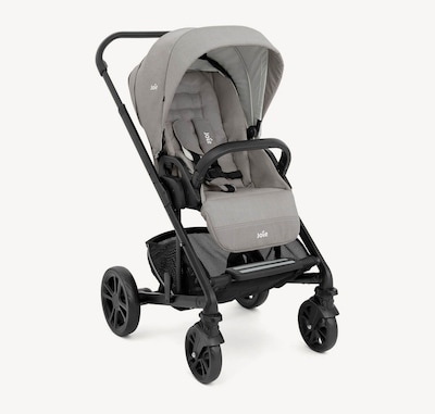  Joie Chrome pram in light gray, sitting at an angle facing to the right.