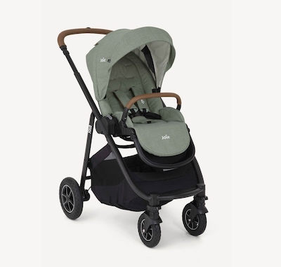 Joie light green versatrax pram positioned at a right angle.

