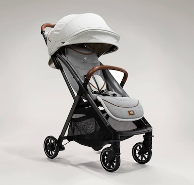 Joie signature lightweight stroller parcel in gray at an angle. 