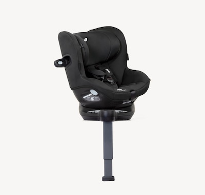   Joie I-Spin 360 E spinning car seat in black with the base facing straight on and seat turned 45 degrees to the right.