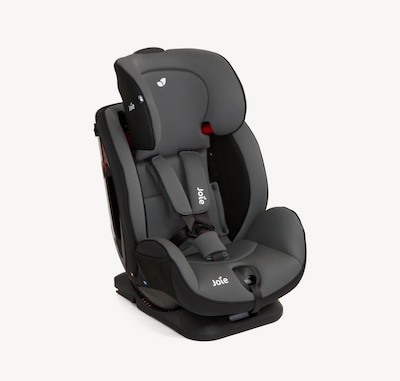 A black and gray Joie Stages FX car seat with the insert removed and headrest raised, facing a right angle 