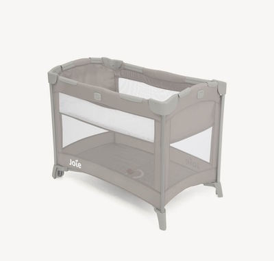 Joie Kubbie travel cot with bassinet in tan, at an angle facing left.