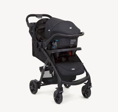  Joie black muze lx travel system positioned at a right angle.