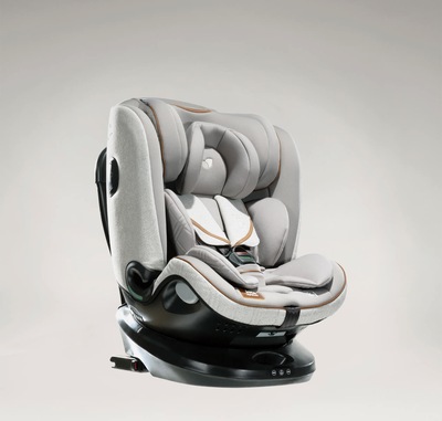  Joie i-Spin Grow car seat in light gray at an angle.