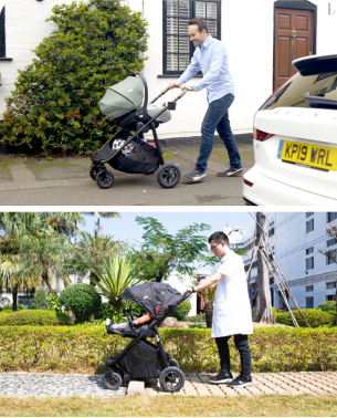 Dad pushing a Joie stroller on top with an image of how Joie tests strollers below.