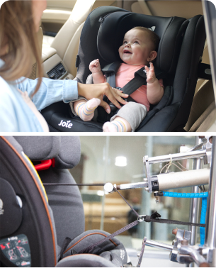 Un bébé souriant dans un siège auto pivotant Joie en haut, avec une image de la façon dont Joie teste les harnais des sièges auto en bas.